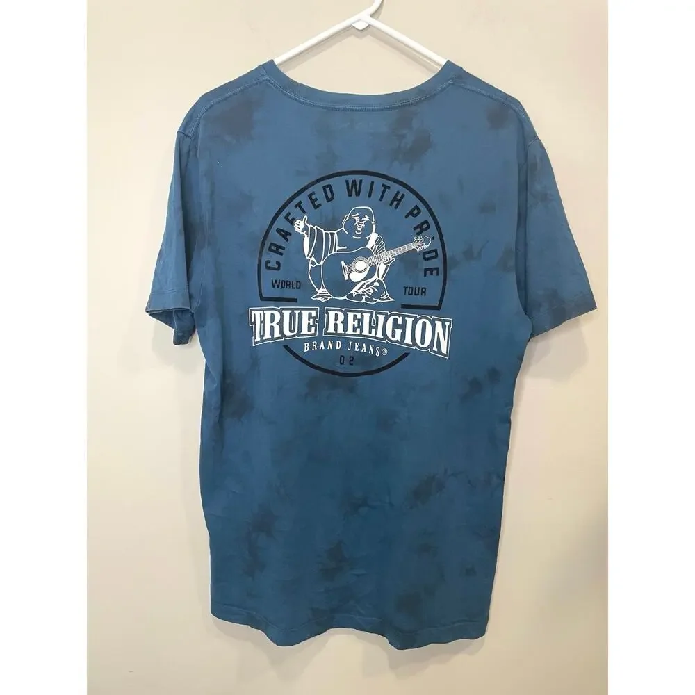 True Religion World Tour Blue Graphic Logo Buddha Crew Neck Tee Men's Large